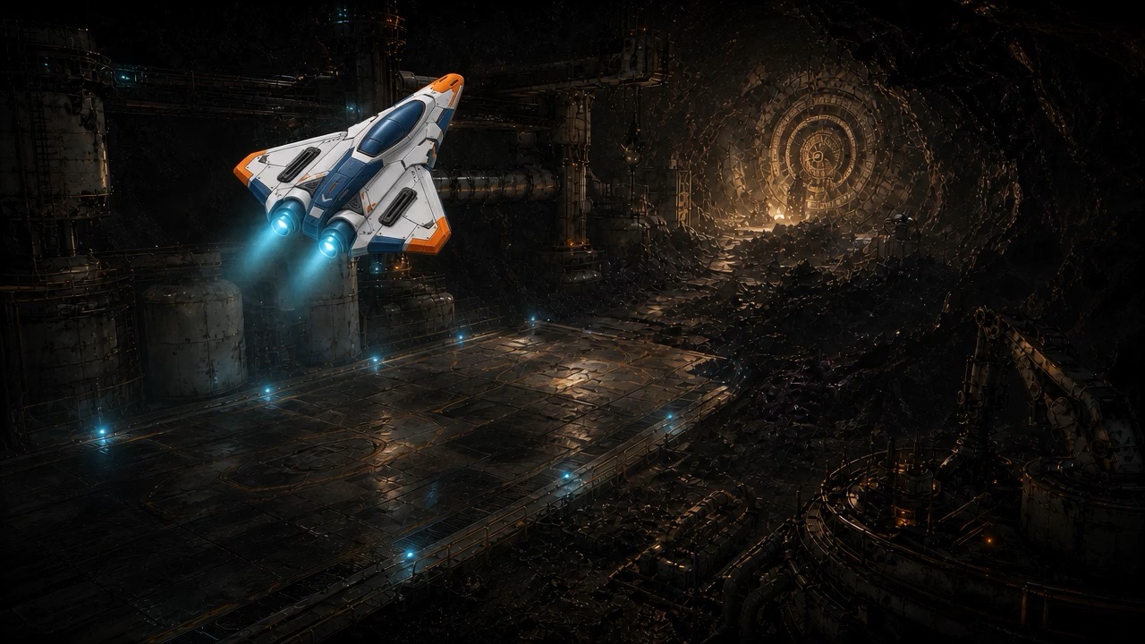 Rowan's white-and-orange Academy Dart dives into glowing ancient ruins.