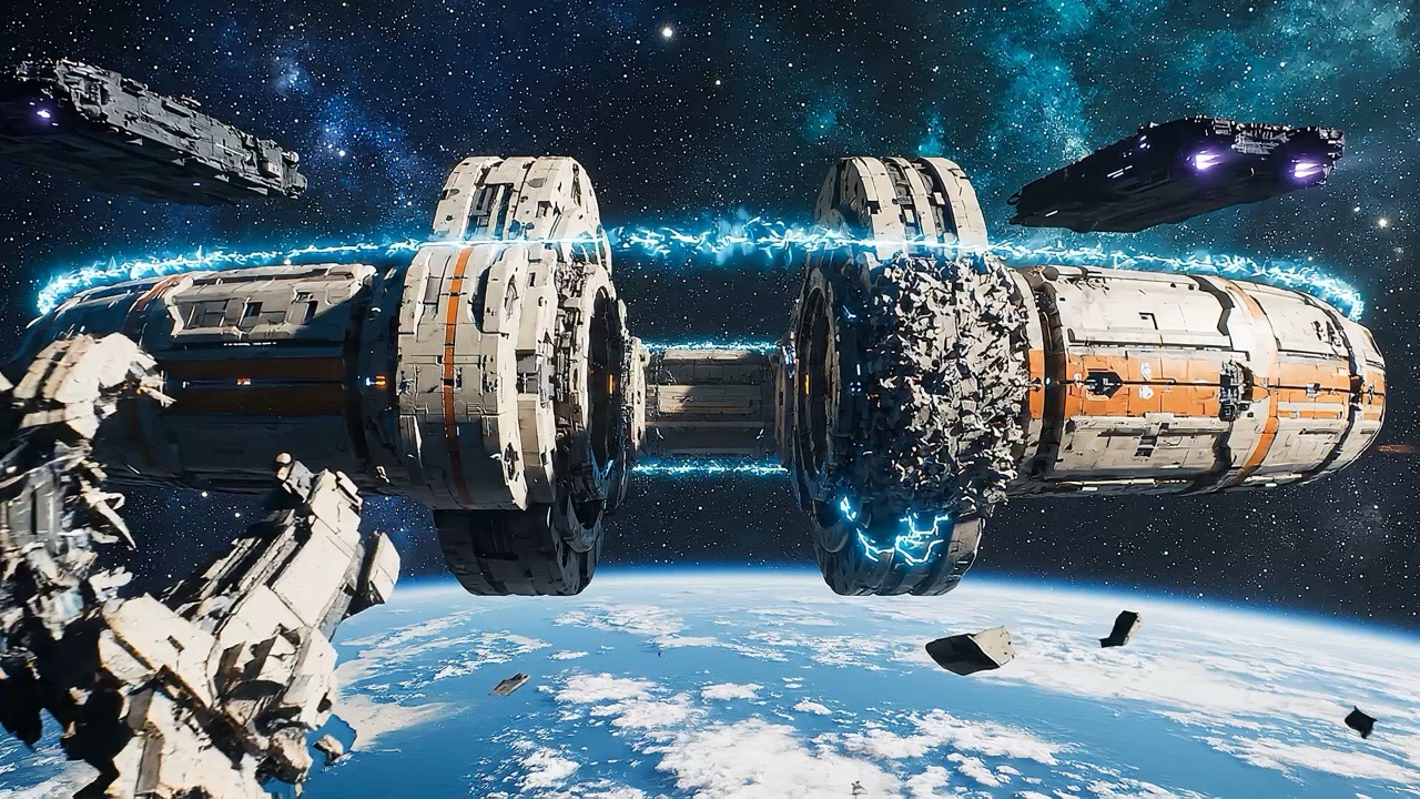 The academy station in orbit above the planet Meridian, with fighters closing in.